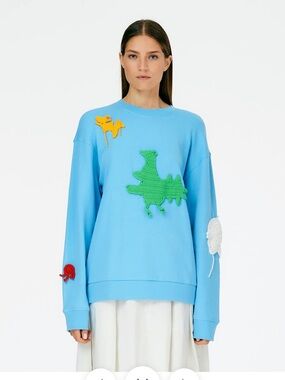 Tibi Crochet Appliques Series Sweatshirt, M, pale turquoise blue, like new